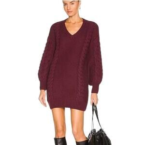 Bardot Bell Knit Dress In Burgundy Balloon Sleeves Cable Knit V Neck Size Small